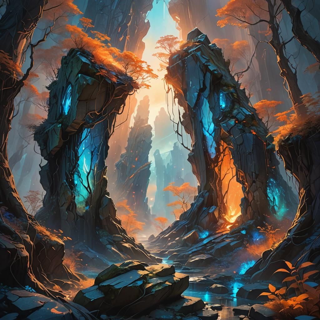 Glowing Forest in Ancient Monolith: Fantasy Concept Art