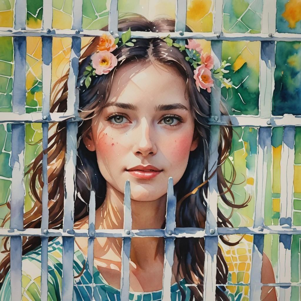 Watercolor Woman Behind White Grid Fence