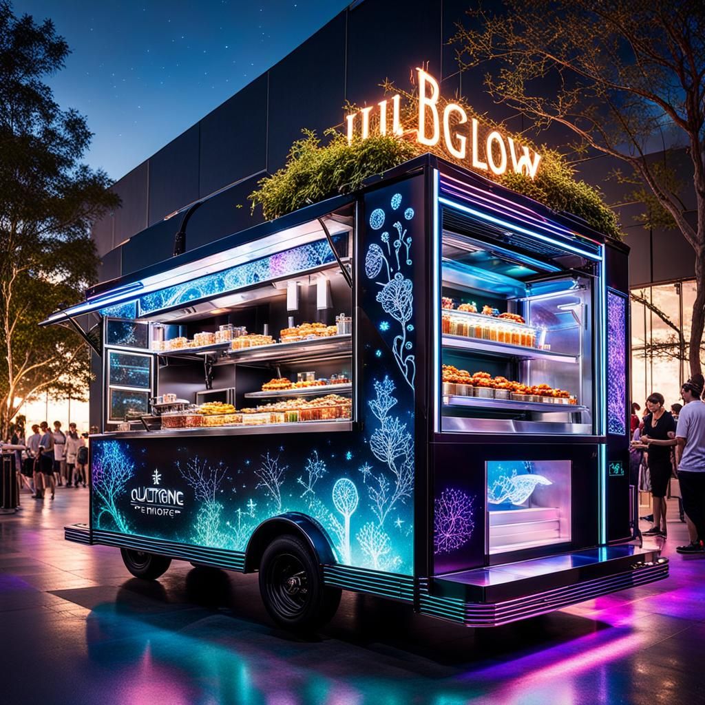Futuristic Bioluminescent Food Truck in Cyberpunk Style