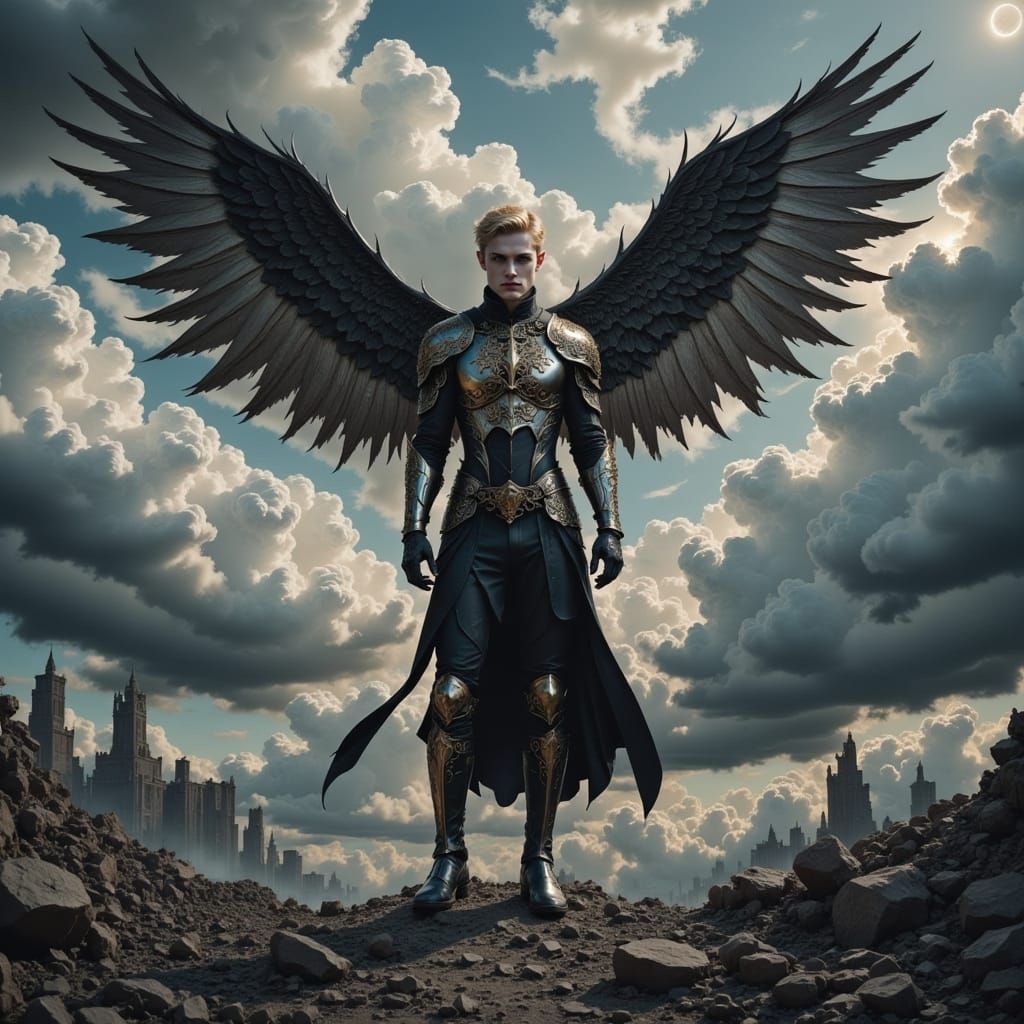 Fallen Angel Asbeel in Ruined Landscape, Cinematic Style