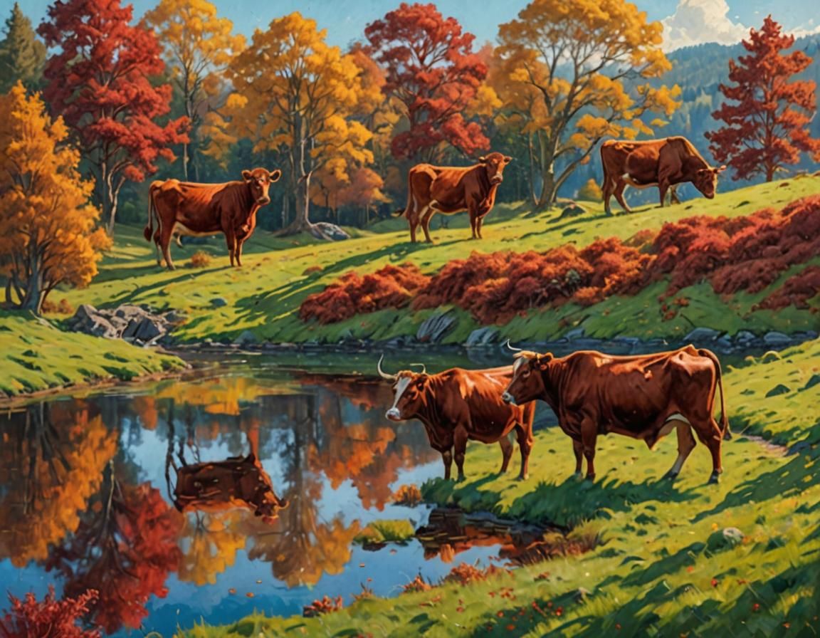 Cows in Autumn Landscape, Detailed Matte Painting