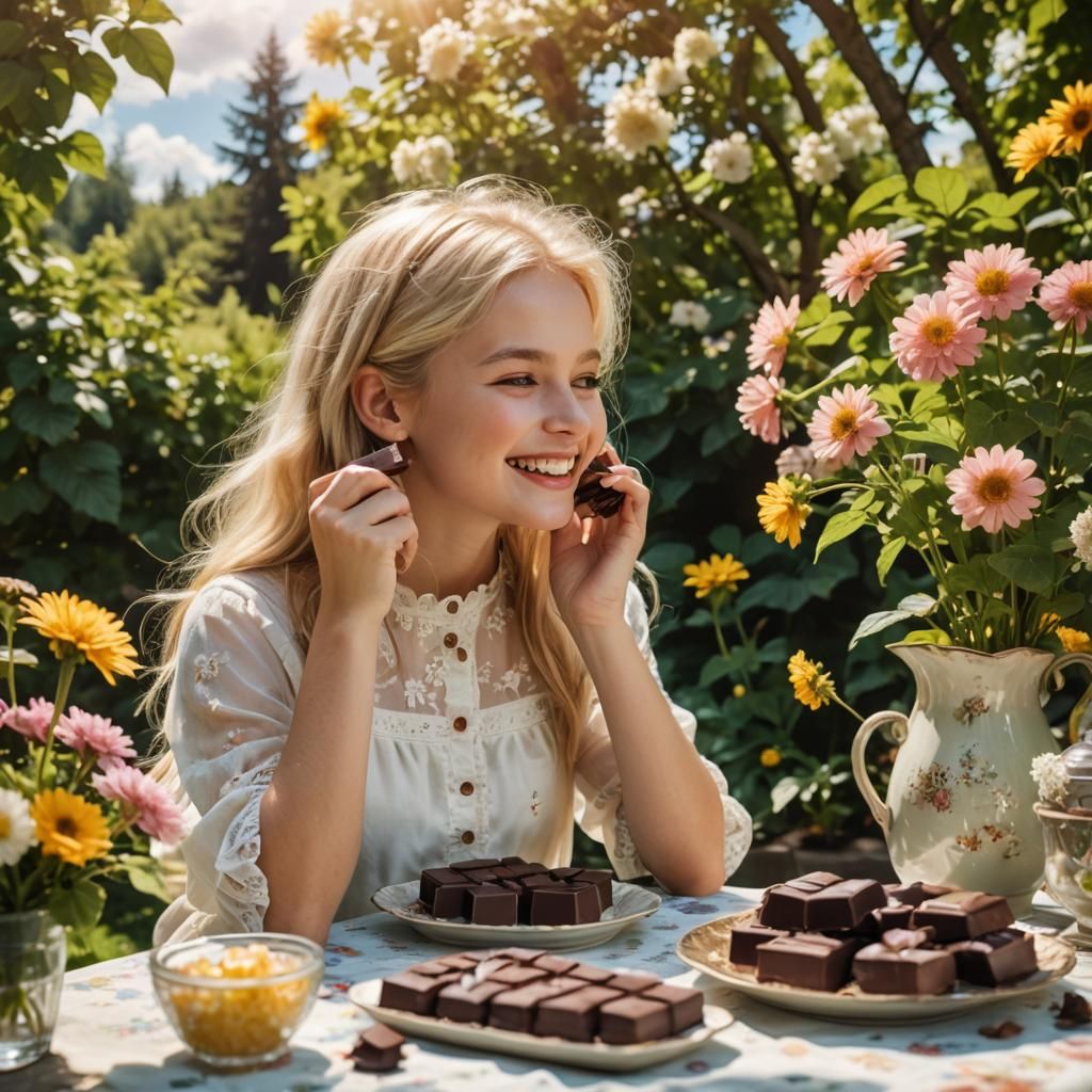Smiling Girl in Garden Eating Chocolate