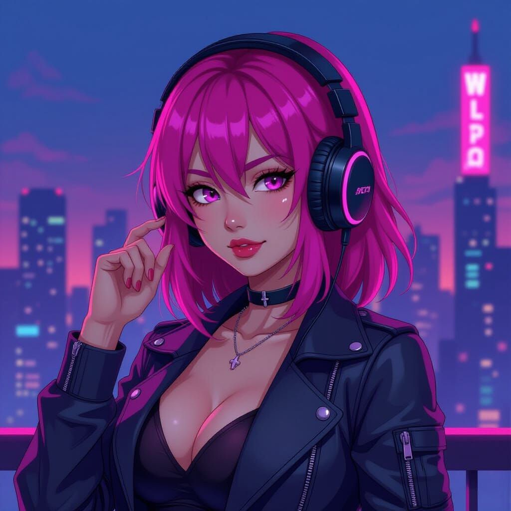 Anime Girl in Neon Cityscape, Cel-Shaded Style