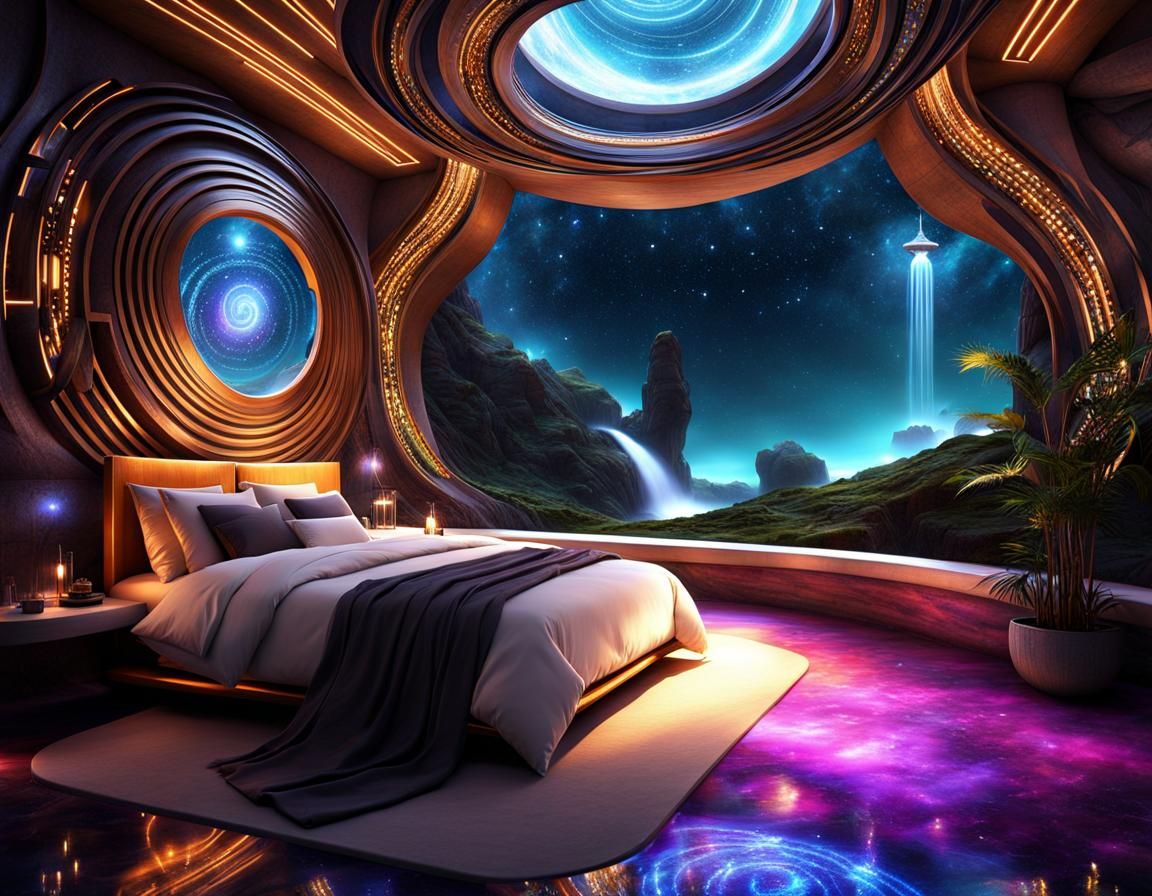 Surreal Sci-Fi Bedroom with Astral Stairs