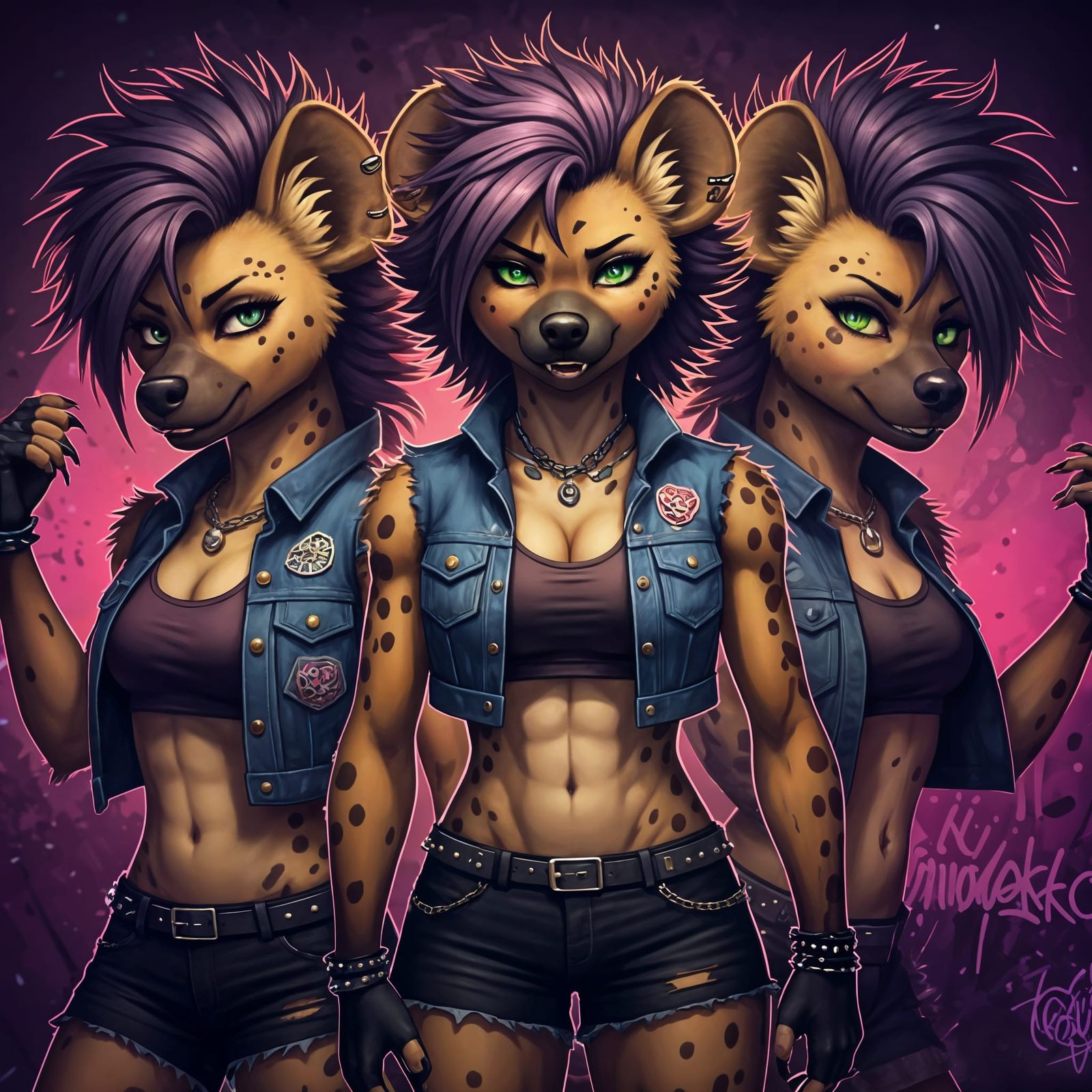 Anime Hyena Triple Portrait in Digital Illustration