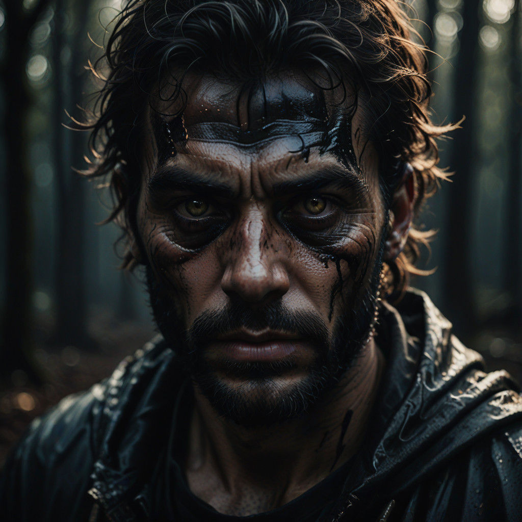 Massive blacm oil slick  creature looming over man