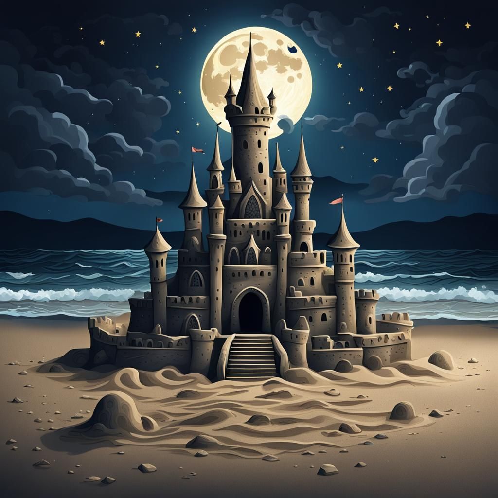 Ornate Sandcastle Under Moonlight on a Beach