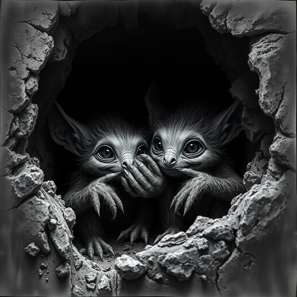 Gremlin Double Exposure: A Hyperdetailed Charcoal Fantasy