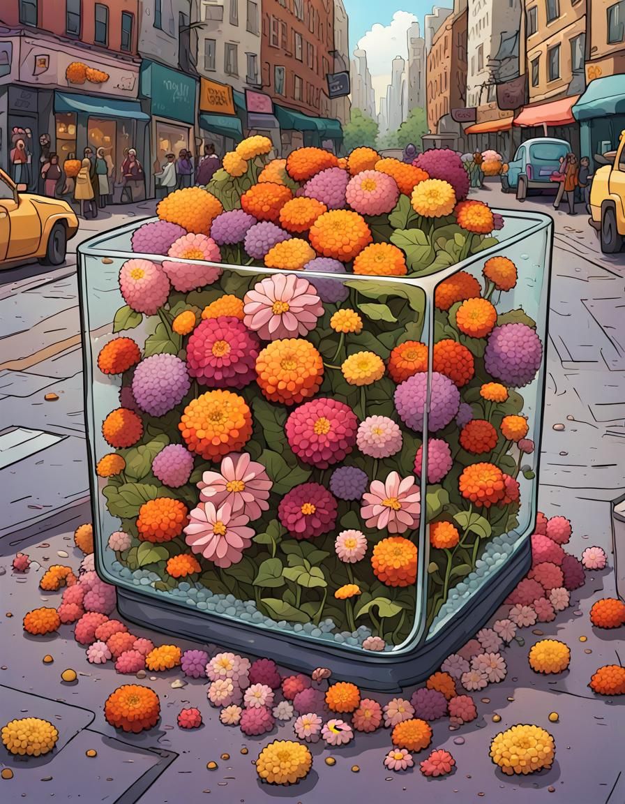 Blooming Flowers in Glass Tank, Cartoon Style