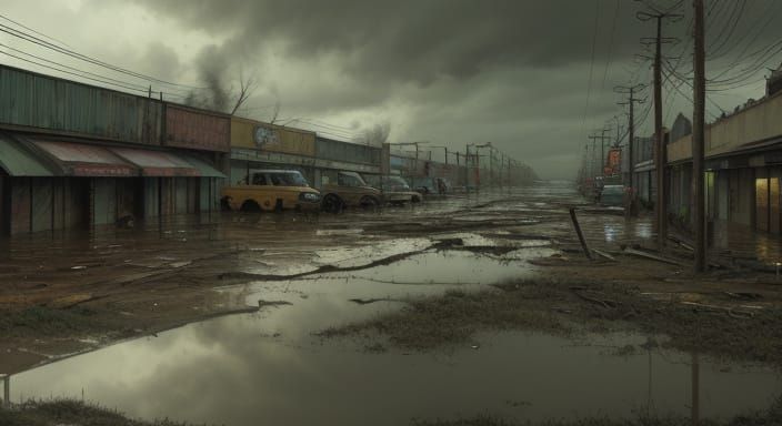 Abandoned Strip Mall Drowns in Murky Floodwaters, Thick Brus...