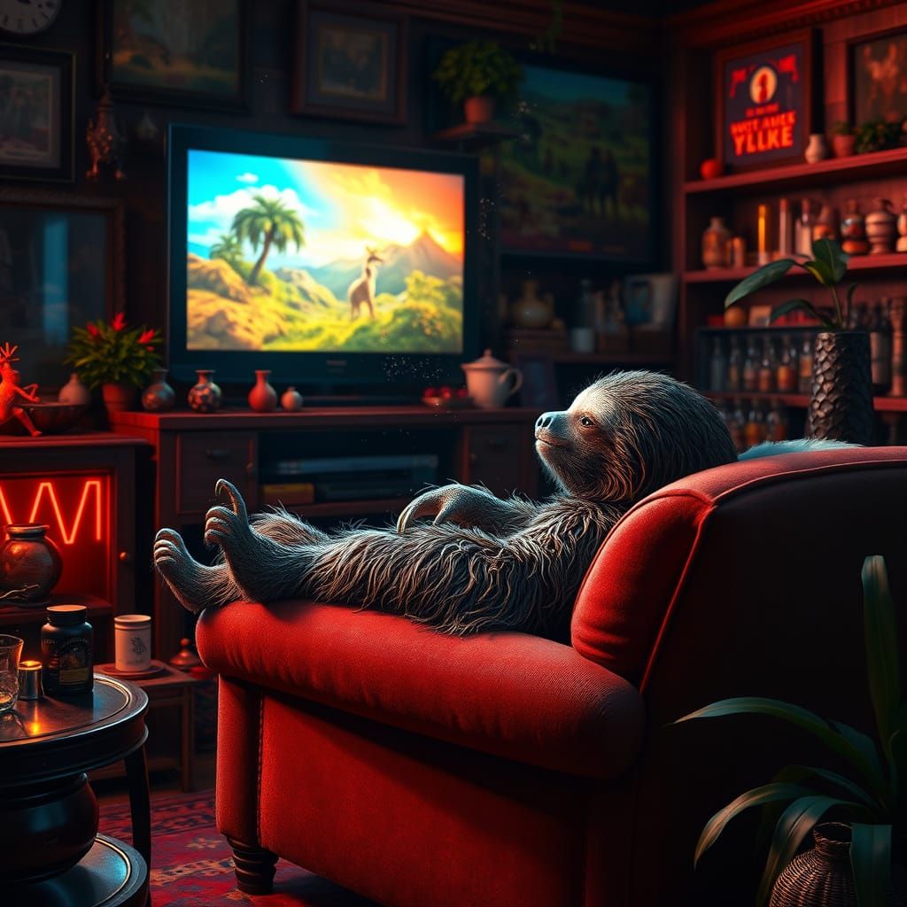 Majestic Sloth Watches TV in Maximalist Room