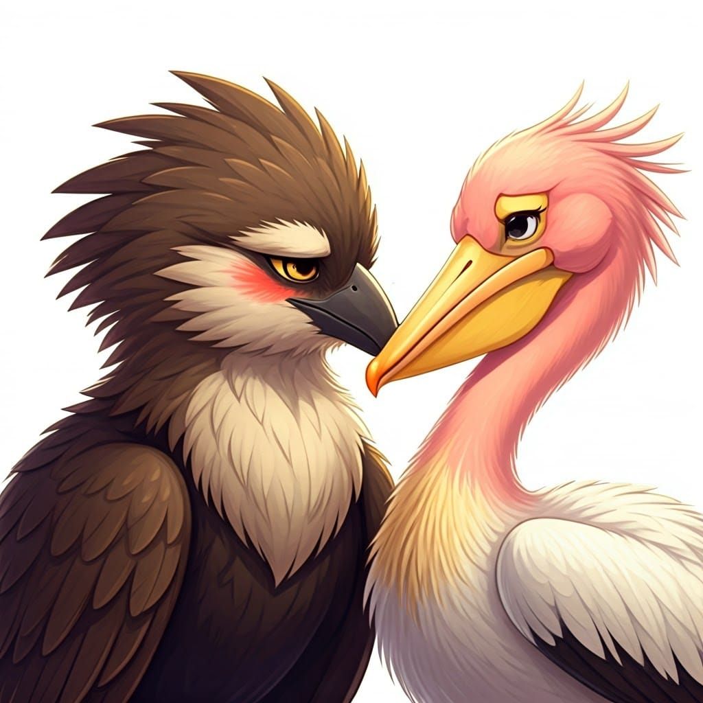 Sweet Cartoon Birds Share Tender Kiss in Vibrant Pastel Colo...