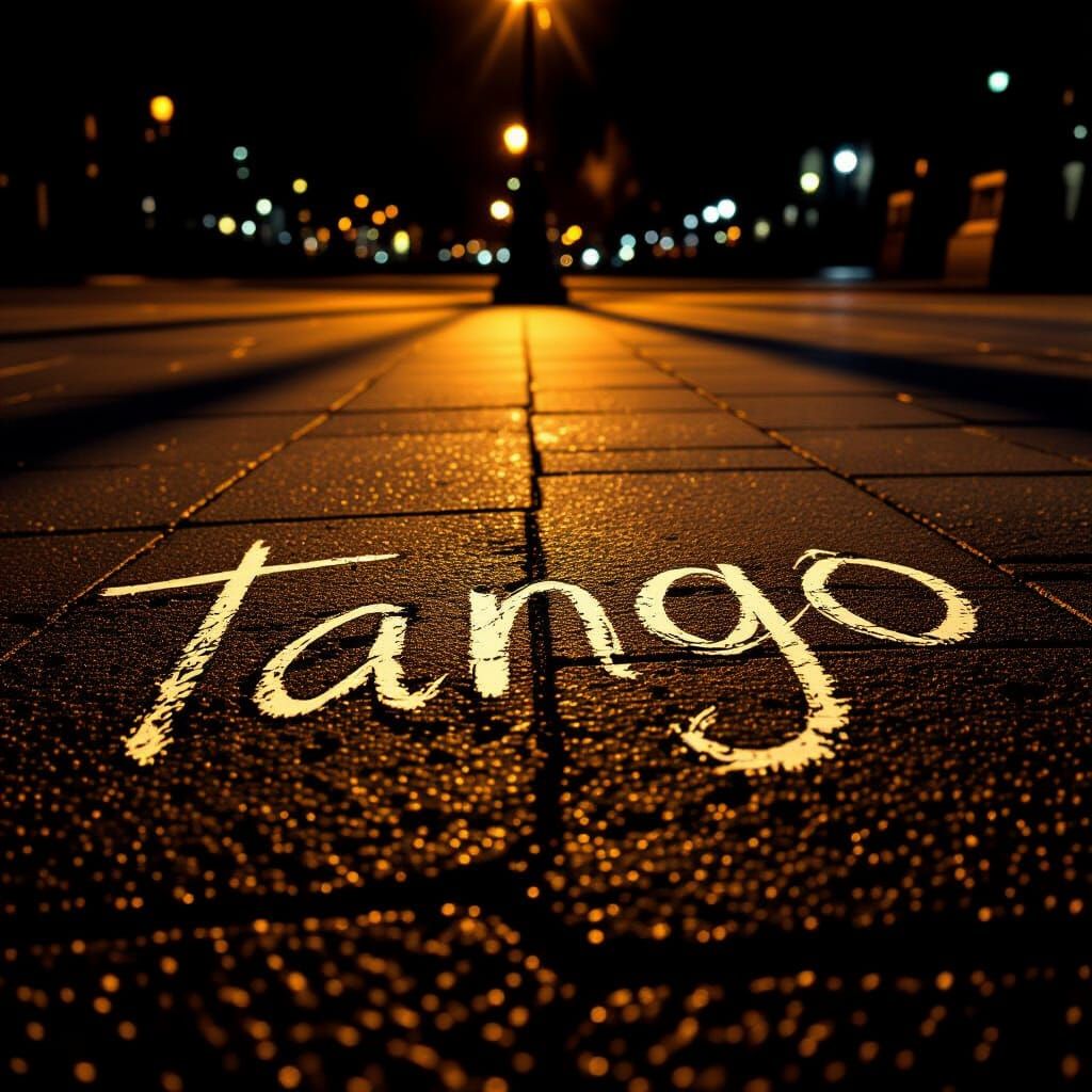 Tango Written in Chalk on Pavement at Night