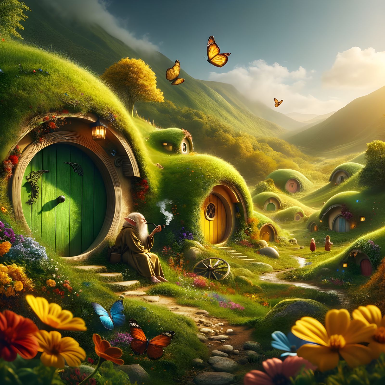 Fantasy Hobbit Village in Warm, Golden Light