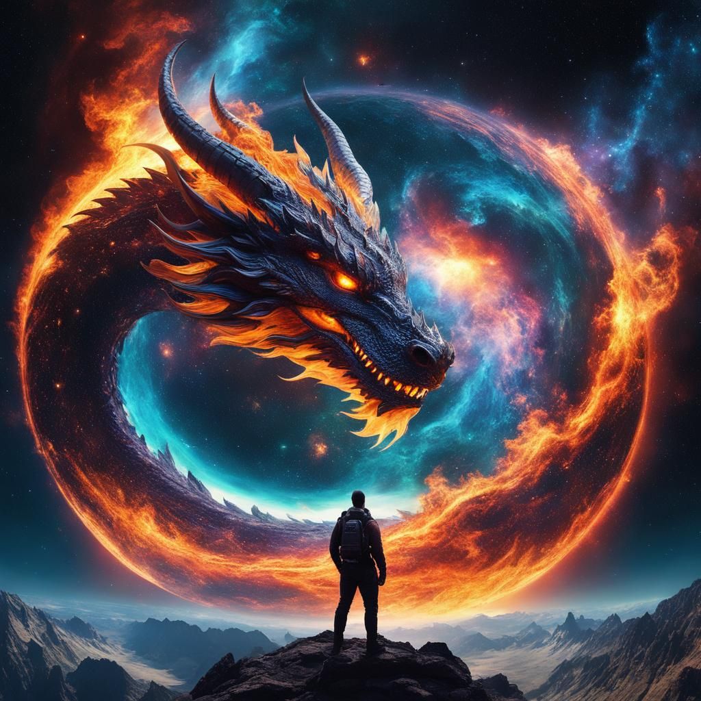 Fiery Dragon Soaring Through Iridescent Galaxies