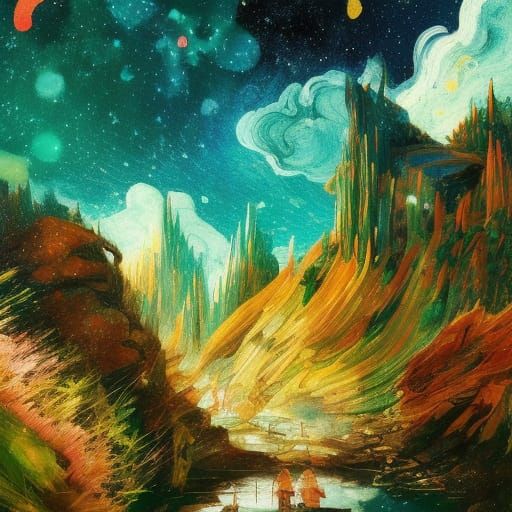 Fantastic Mountainscape with Starry Night in Detailed Painti...