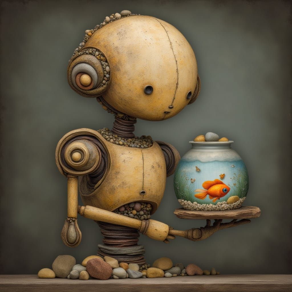 Cute Robot Holding a Fishbowl Sculpture
