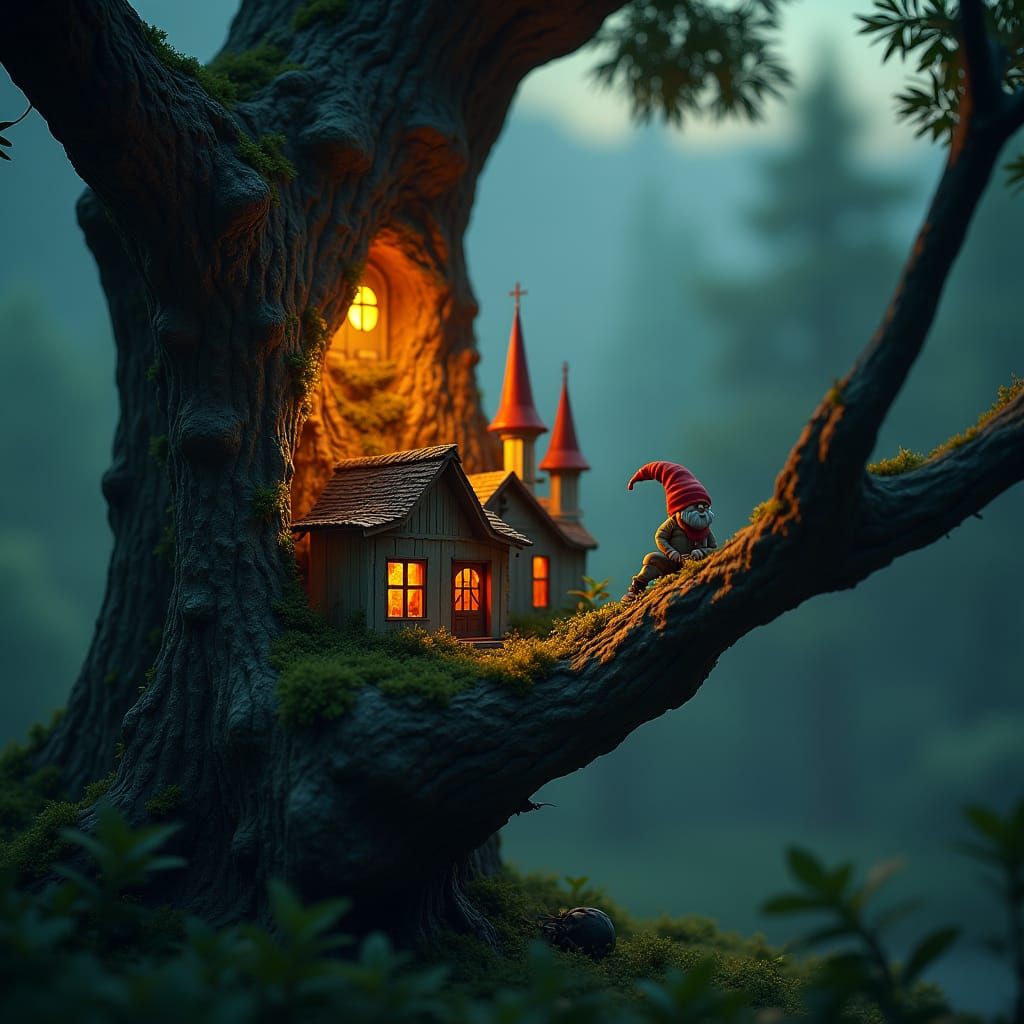 in a tree a miniature detailed city with houses, church, small gnome, cut, surrealism, bright, night, , creative, compli...