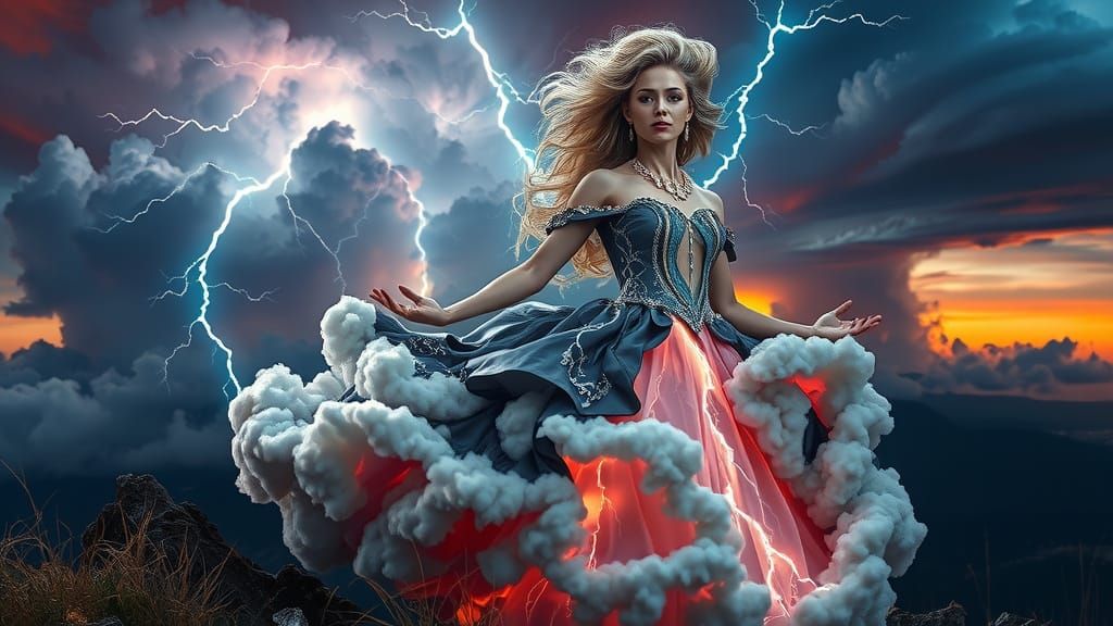 Ethereal Model in Living Storm Cloud Gown