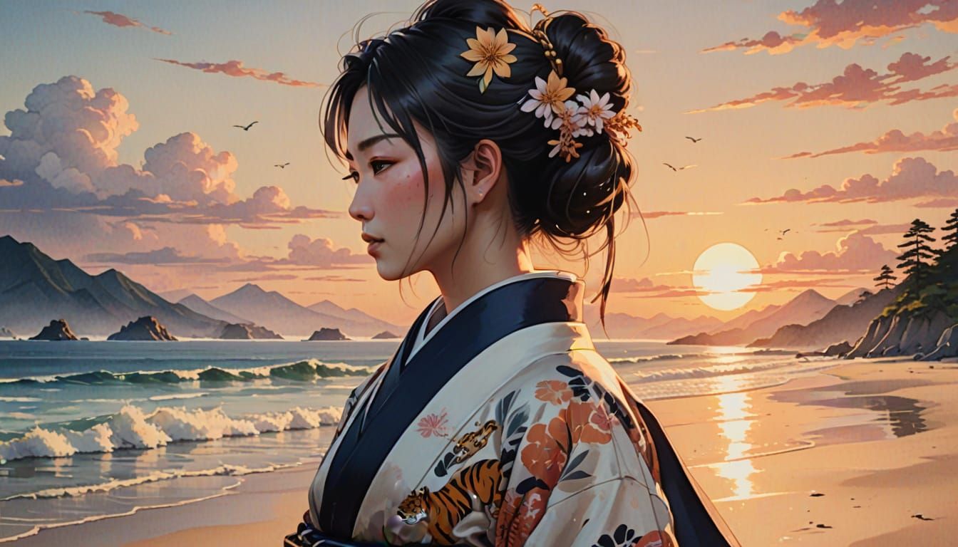 Japanese Woman in Kimono on Beach, Watercolor Style