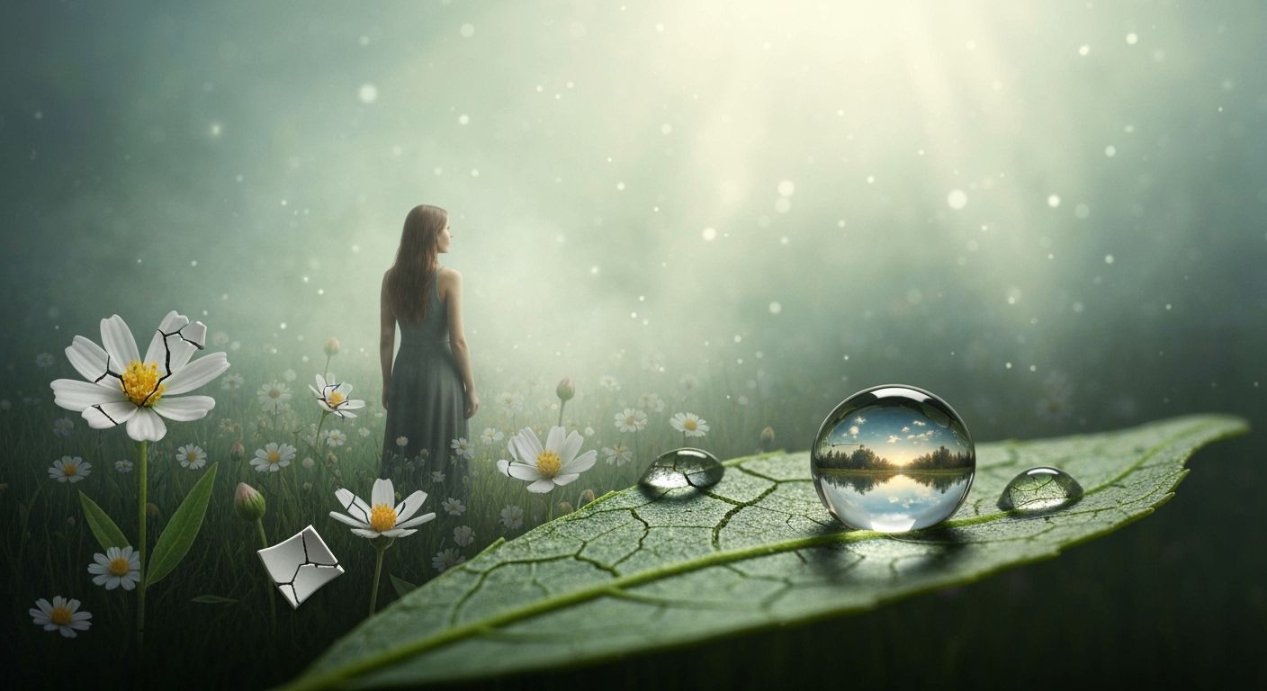 Woman in Wildflower Field with Cracked Ceramic, Ethereal Mis...