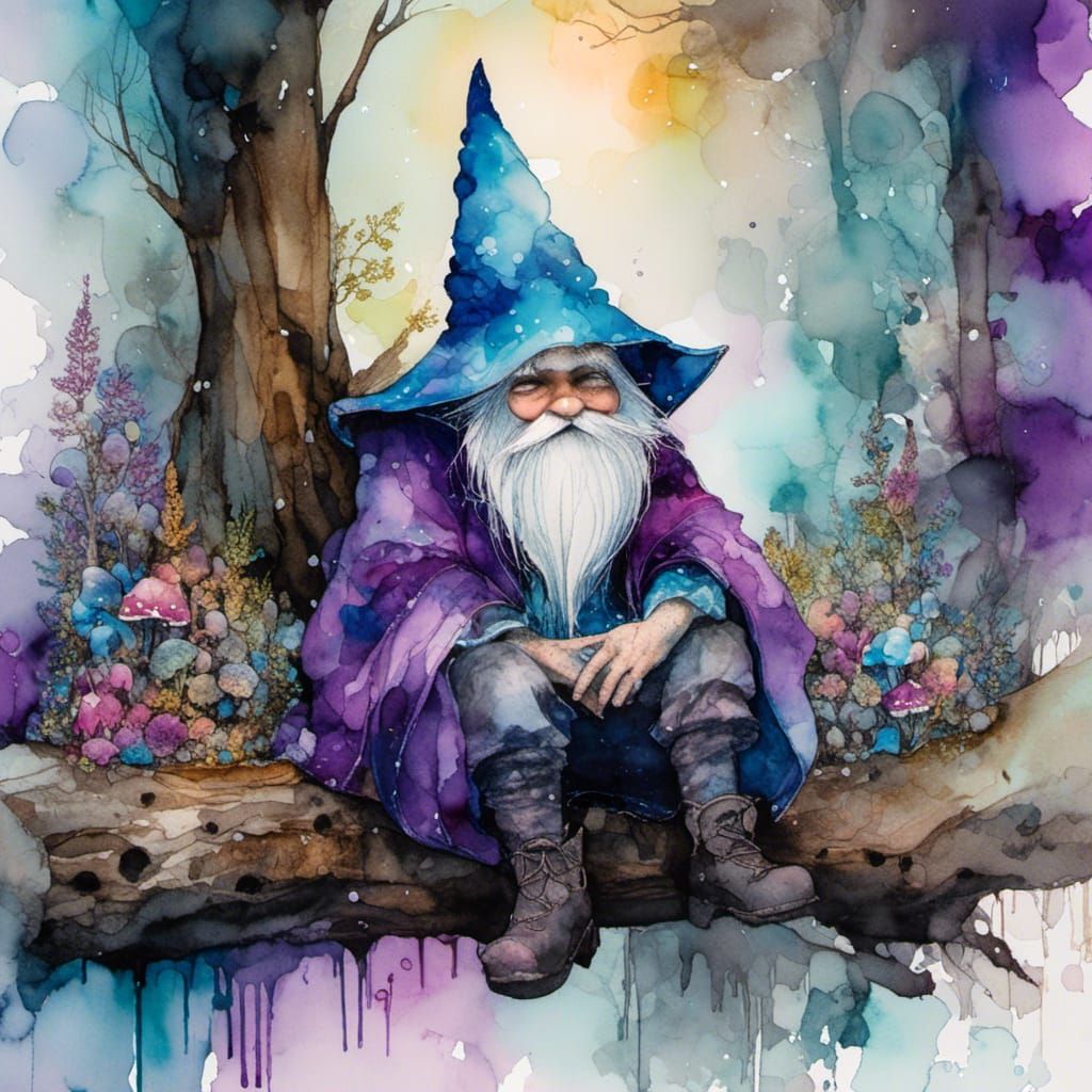 Wizard Gnome in Magical Forest: Watercolor Alcohol Ink