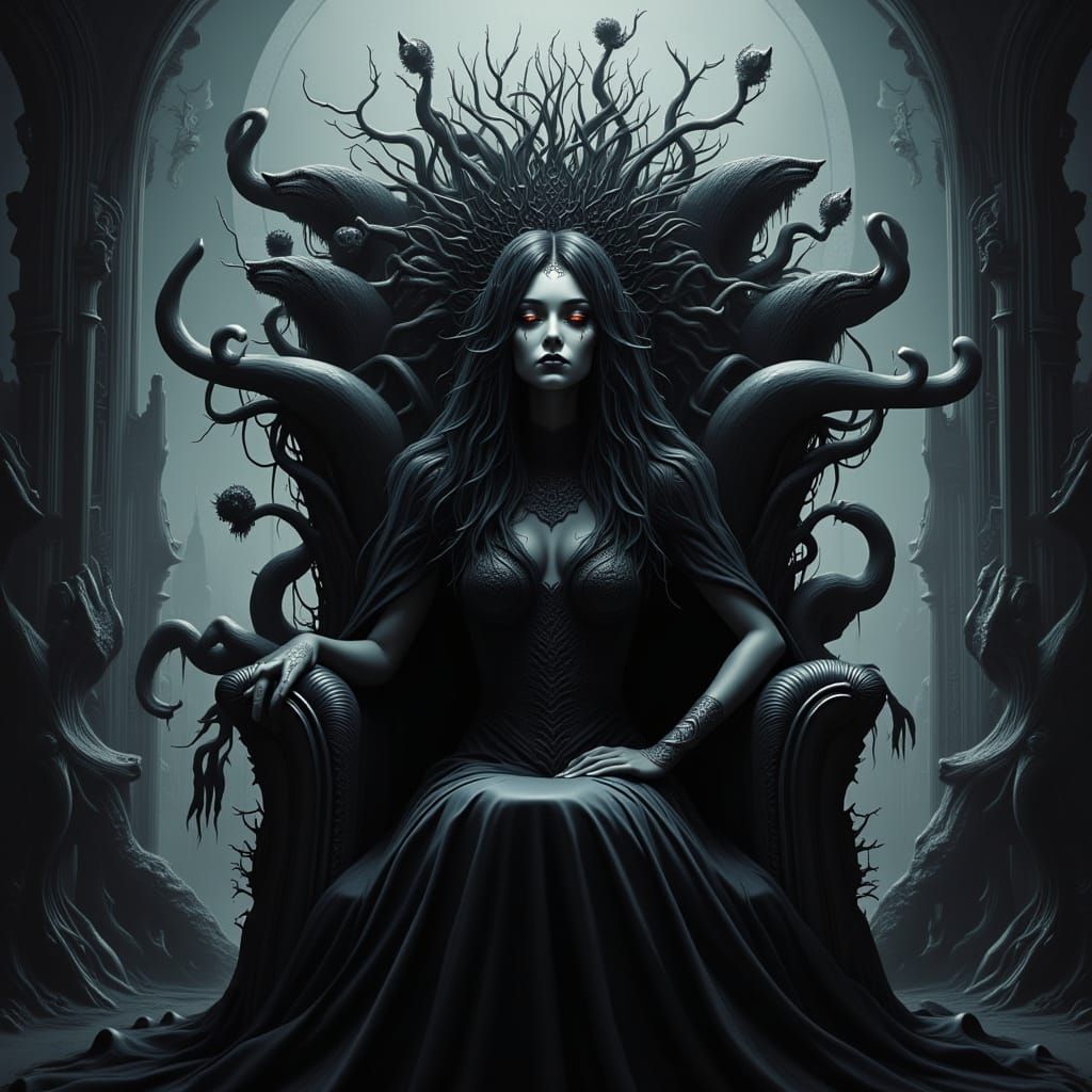 Shadow Queen on Thorn Throne: Hyperdetailed Concept Art