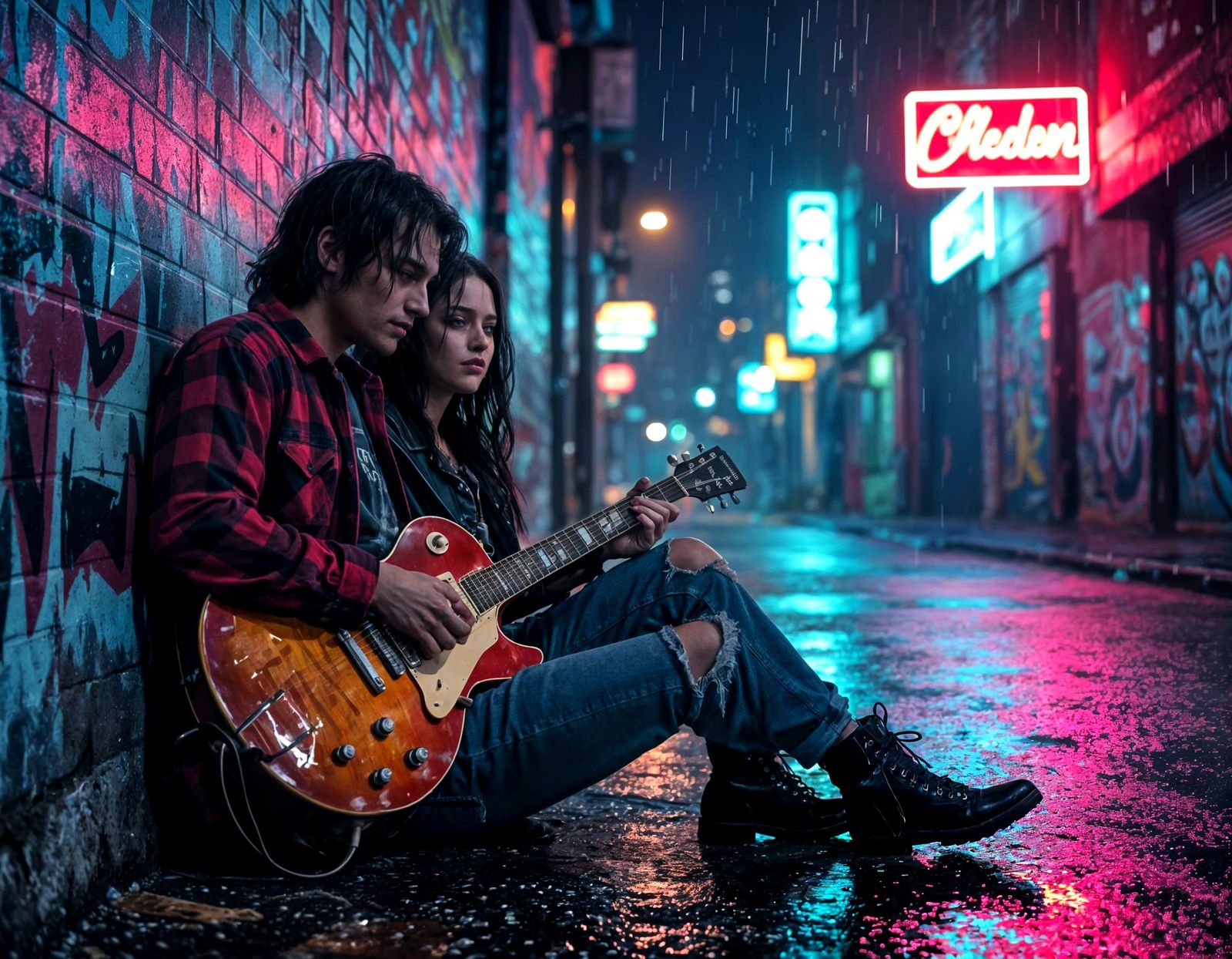 Grunge City Serenade Under Neon Lights