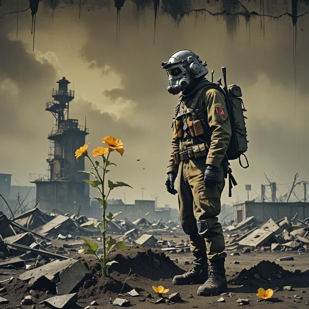 Wasteland Figure with Flower in Banksy Style