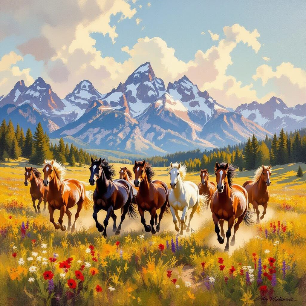 Majestic Horses Galloping in Sunlit Meadow with Mountains