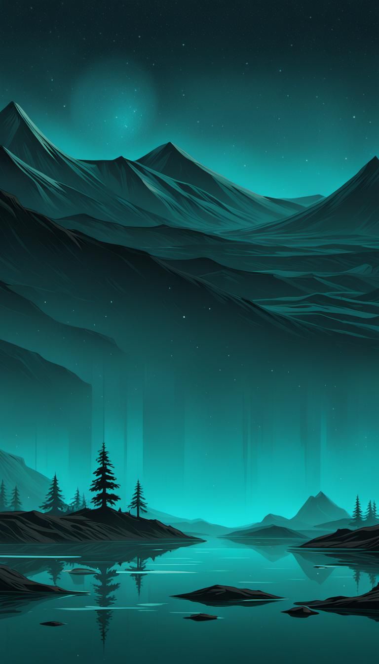 Minimalist Scenic View in Dark Obsidian and Teal