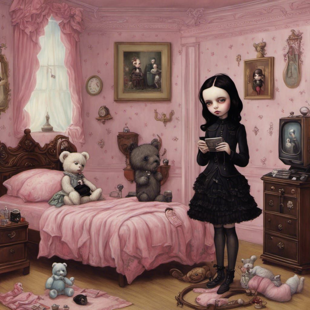 Goth Girl in Bedroom, Mark Ryden Style