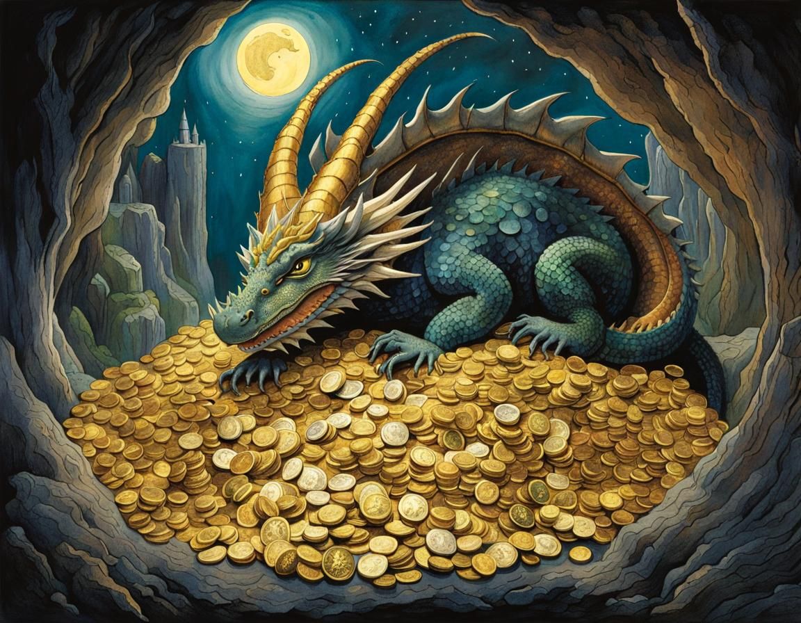 Dragon Guarding Treasure: Storybook Illustration