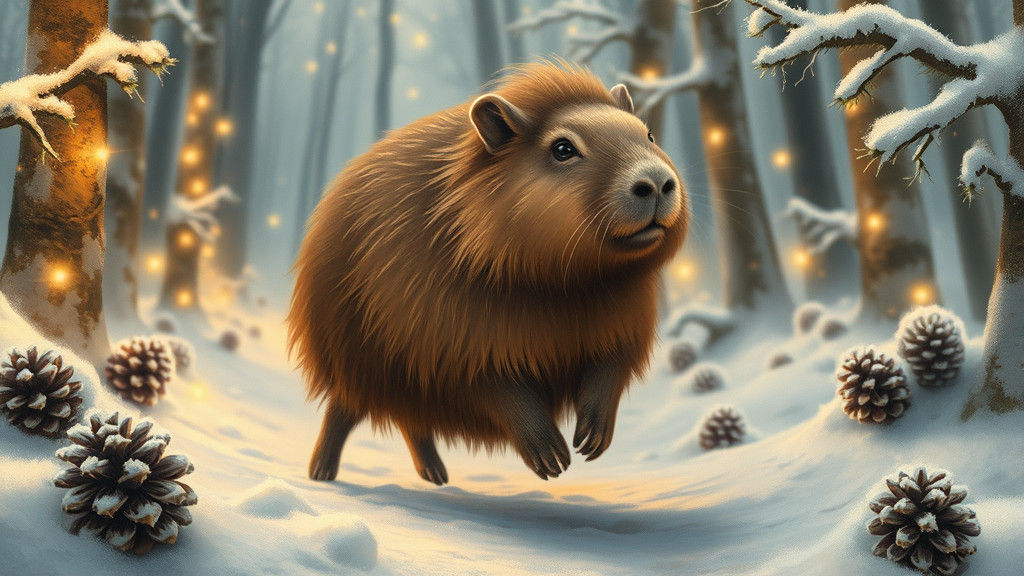 Whimsical Christmas Capybara in Snowy Forest