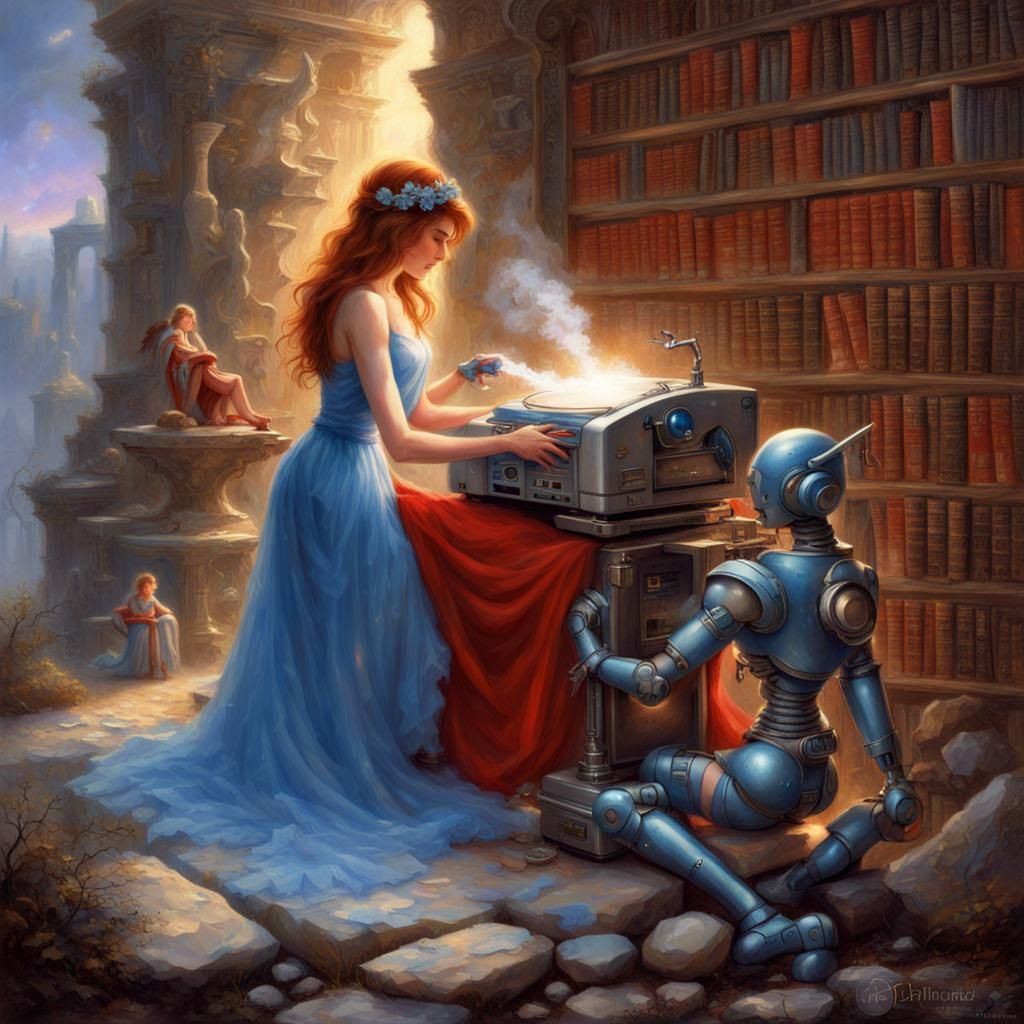 Blue Fairy Emerges from CD Player in Fantasy Library