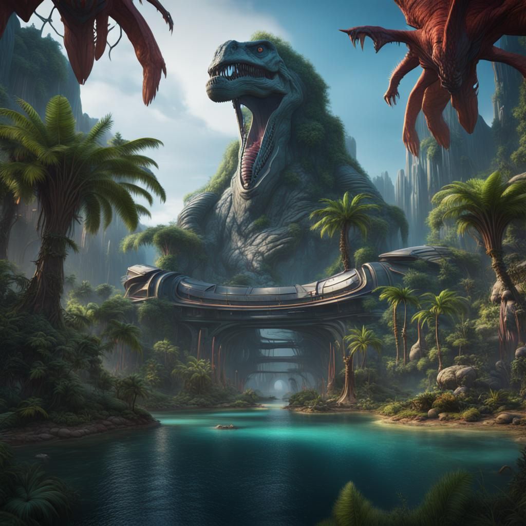 Futuristic Enchanted Jurassic Park Island in Detailed Digita...