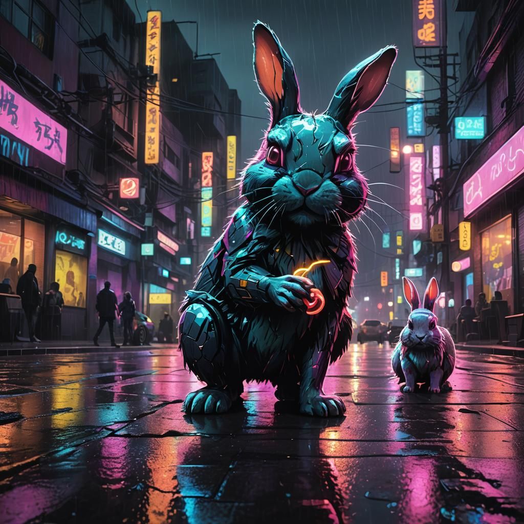 Cyberpunk Bunnies in Neon Cityscape