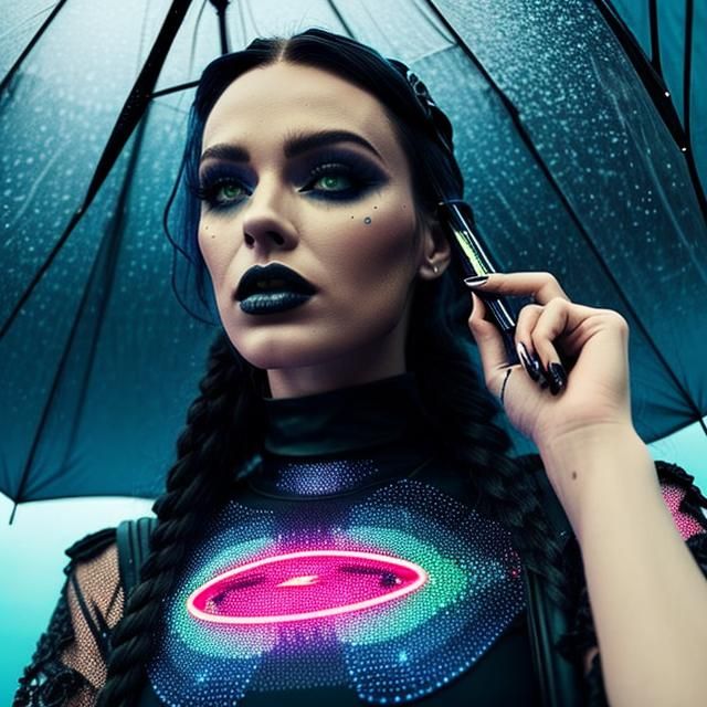 Hyperrealistic Woman with Umbrella in Stormy Gothic Scene