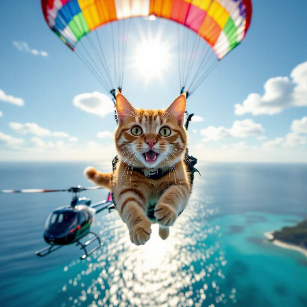 Ginger Cat Paraglides After Jumping From Helicopter Over Oce...