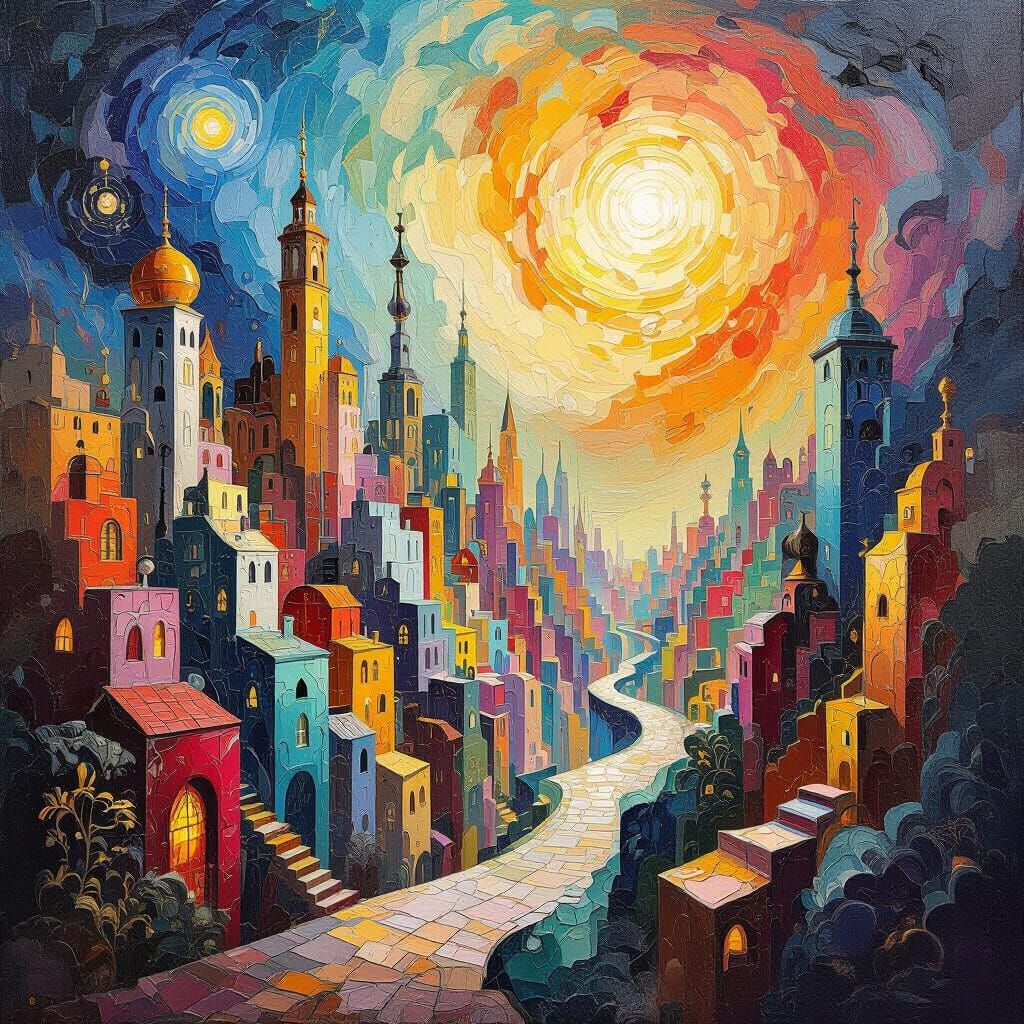Surreal Cityscape Oil Painting with Dreamlike Architecture