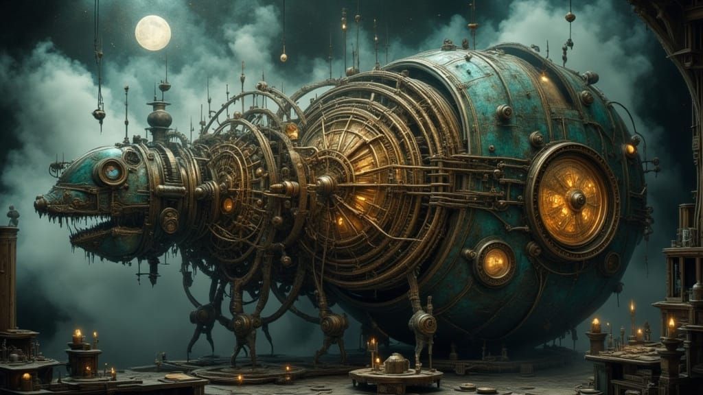 Surreal Steampunk Contraption with Ethereal Light
