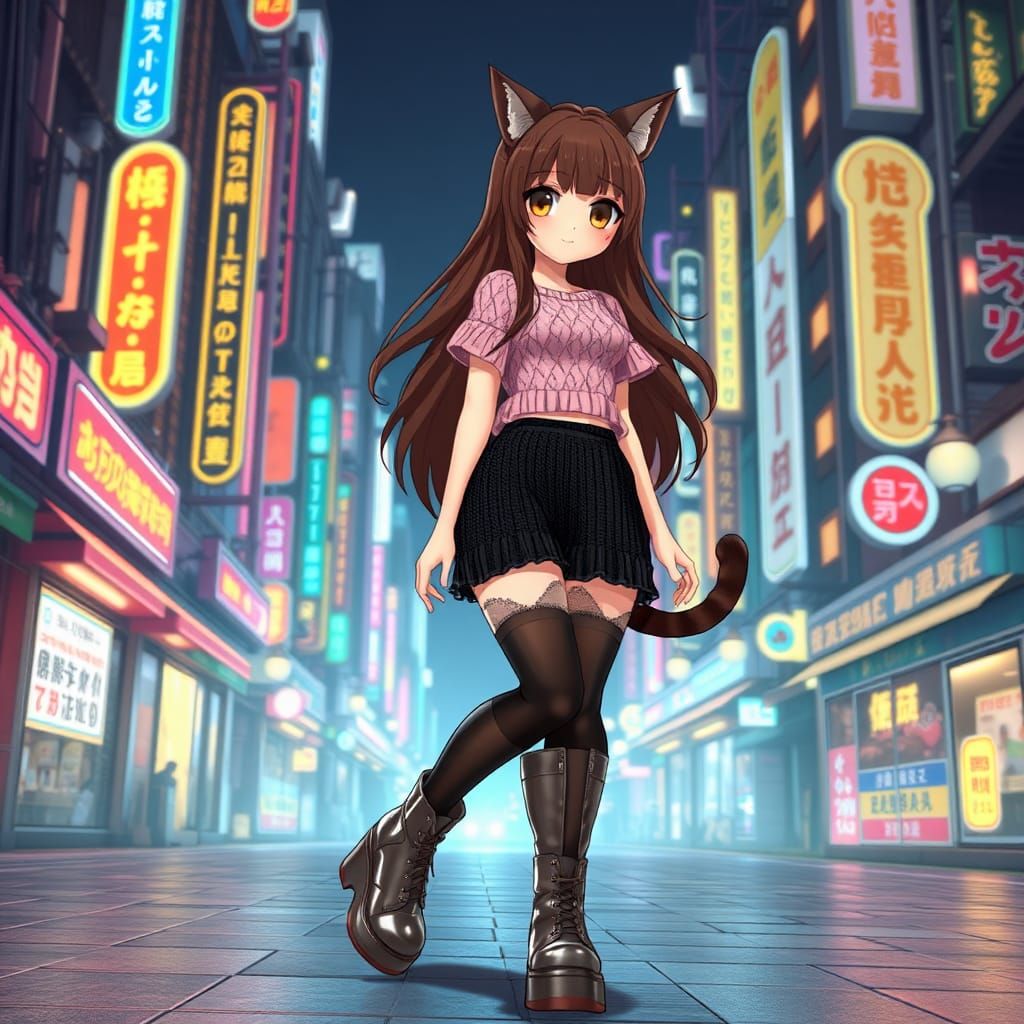 Anime Catgirl in Neon Seoul, Genshin Impact Style