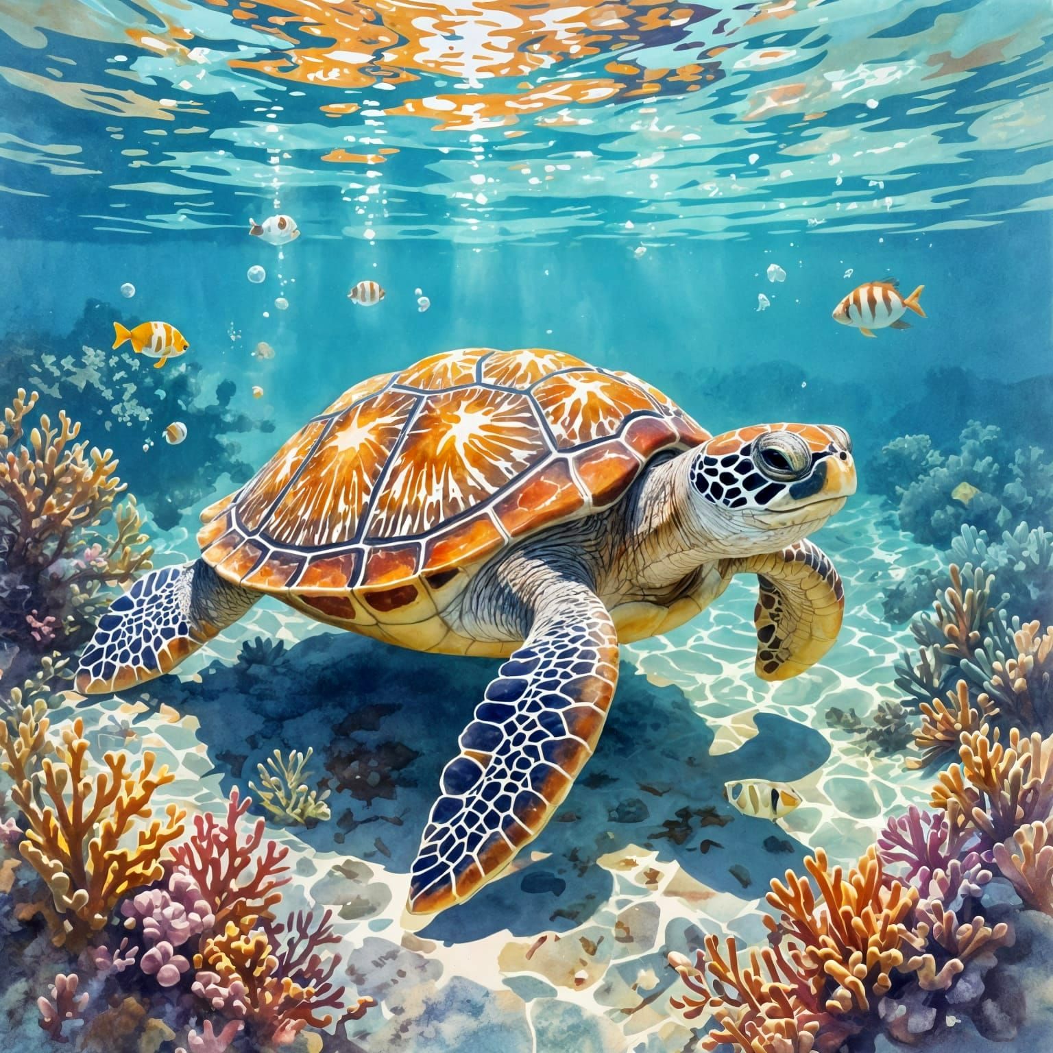 Turtle in Ocean Watercolour Painting with Impressionist Brus...
