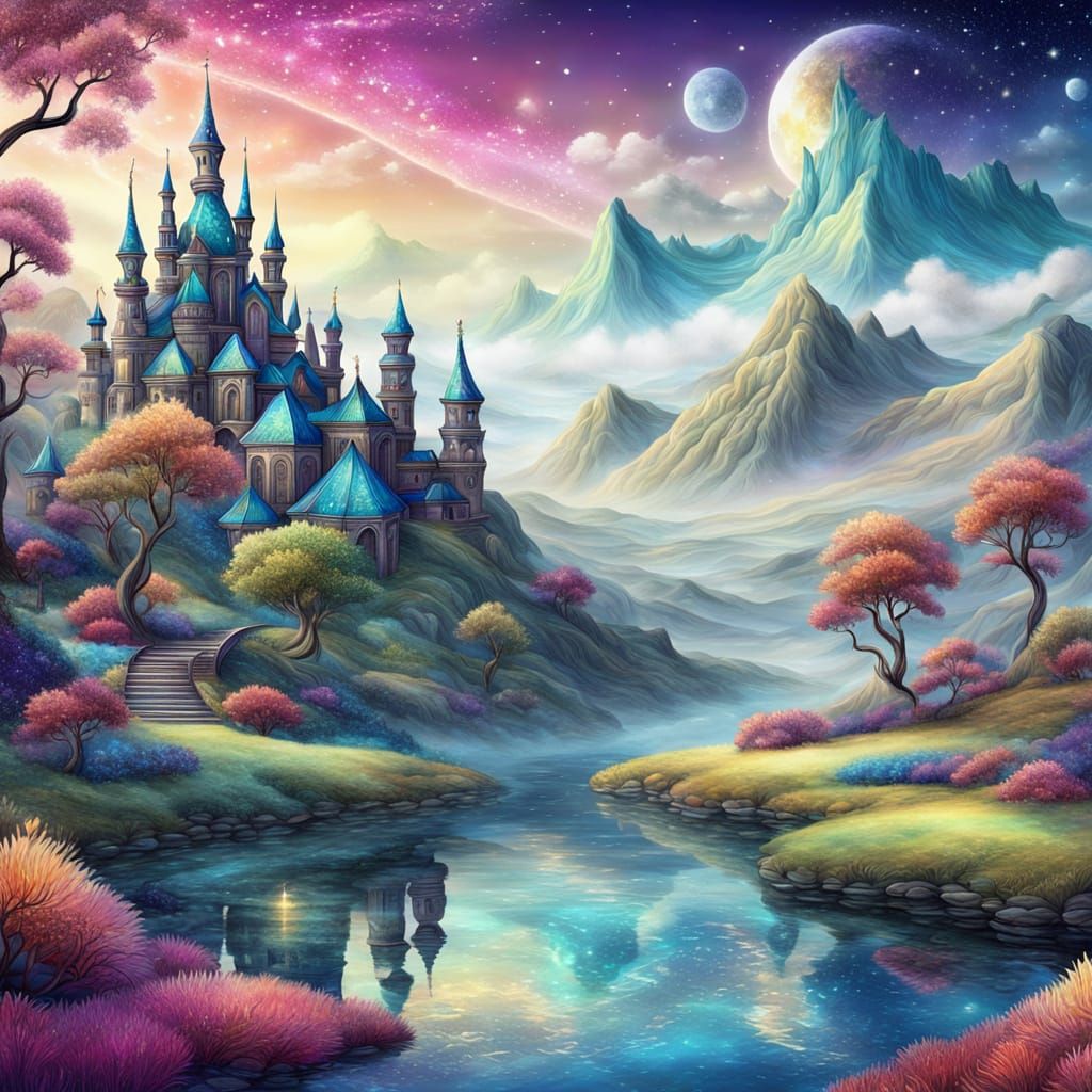 Shimmering Fantasy Landscape with Glitter and Patterns
