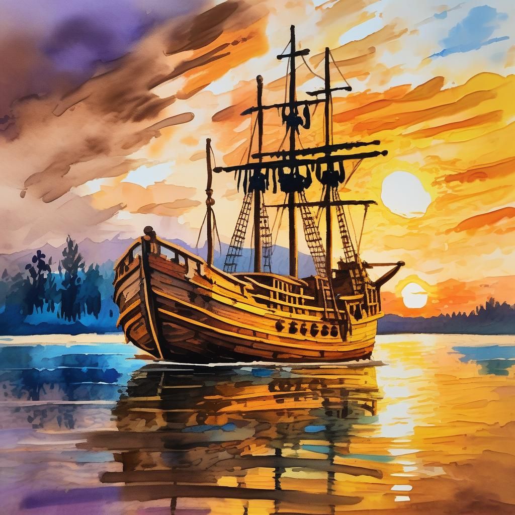 Pirate Ship on Lake at Sunset as Gouache Painting