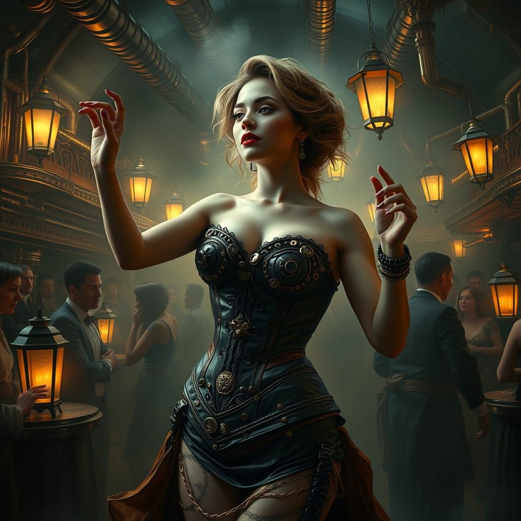 Steampunk Vamp Dances in Gilded Nightclub