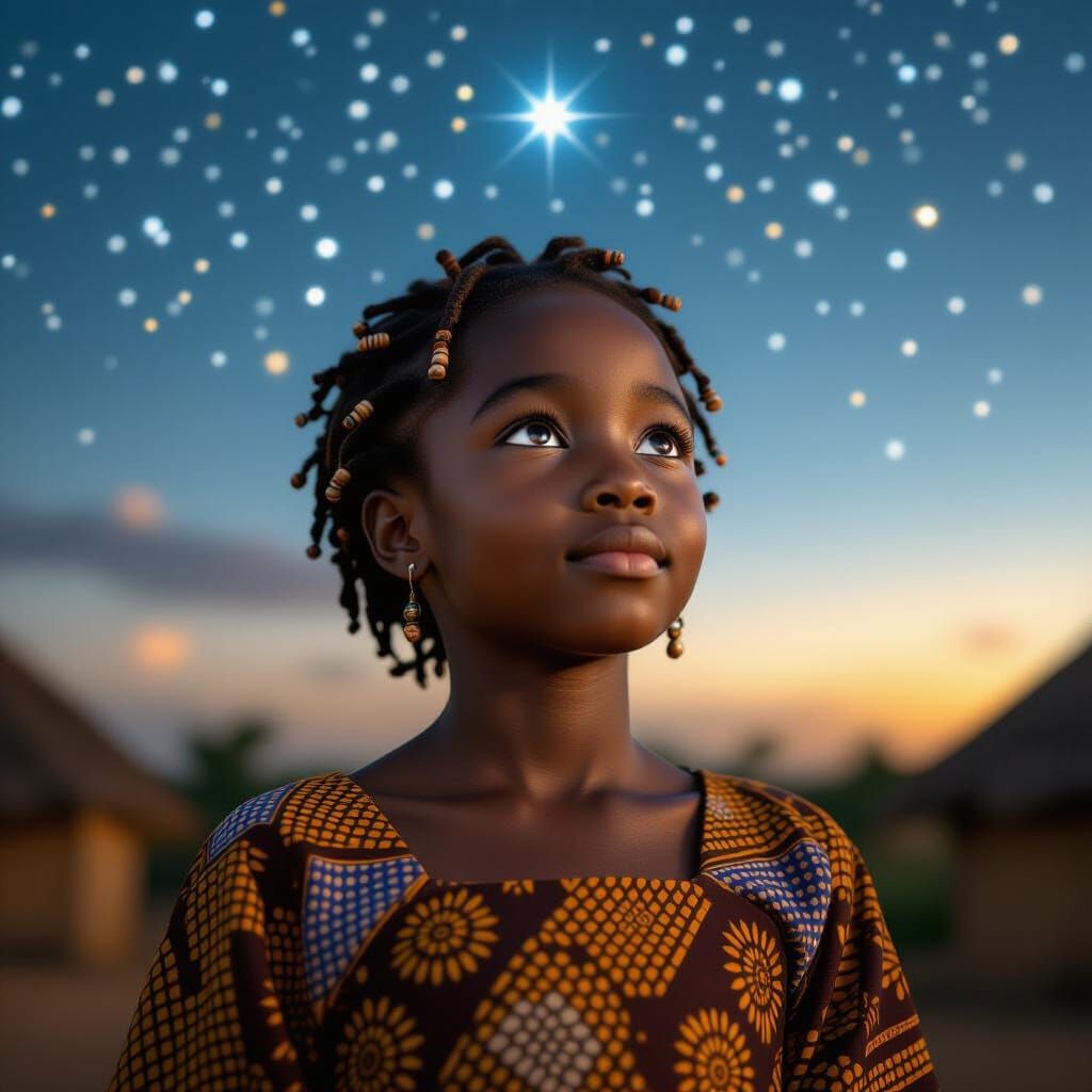 Young African Girl Gazes at Cosmic Light in Village