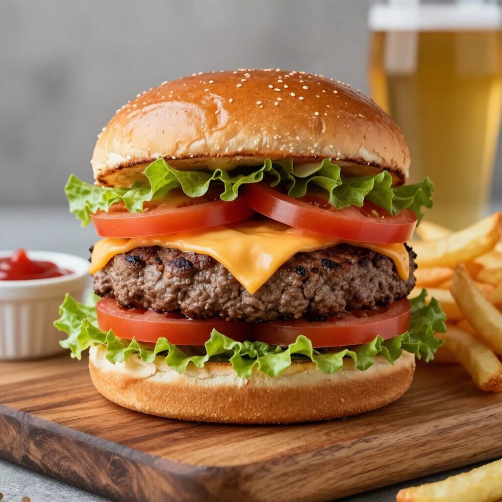Gourmet Burger with Fries and Beer, Photorealistic Food Phot...