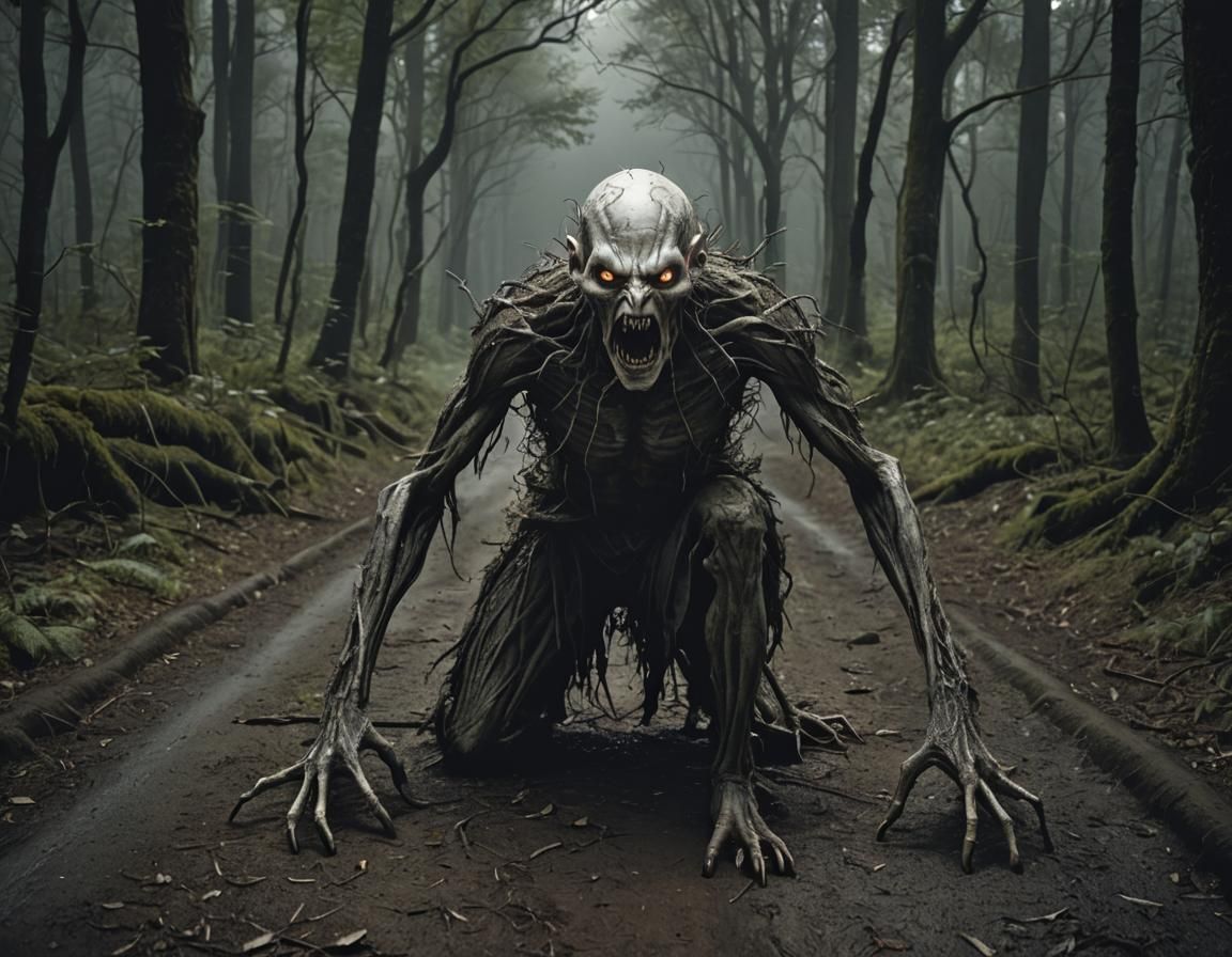 Creepy Gaunt Creature Crawling in Dark Forest