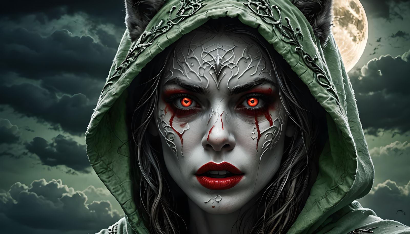 Hooded Woman with Red Eyes Under Full Moon